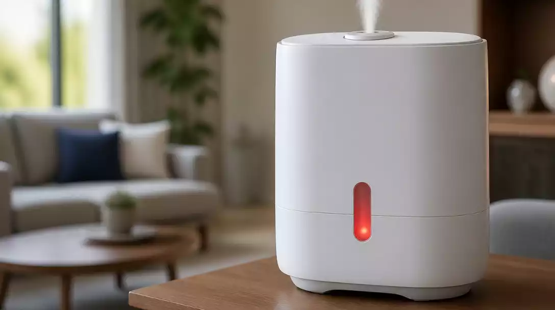 Close-up of a BONECO humidifier with a flashing red light, indicating low water, in a modern home setting.