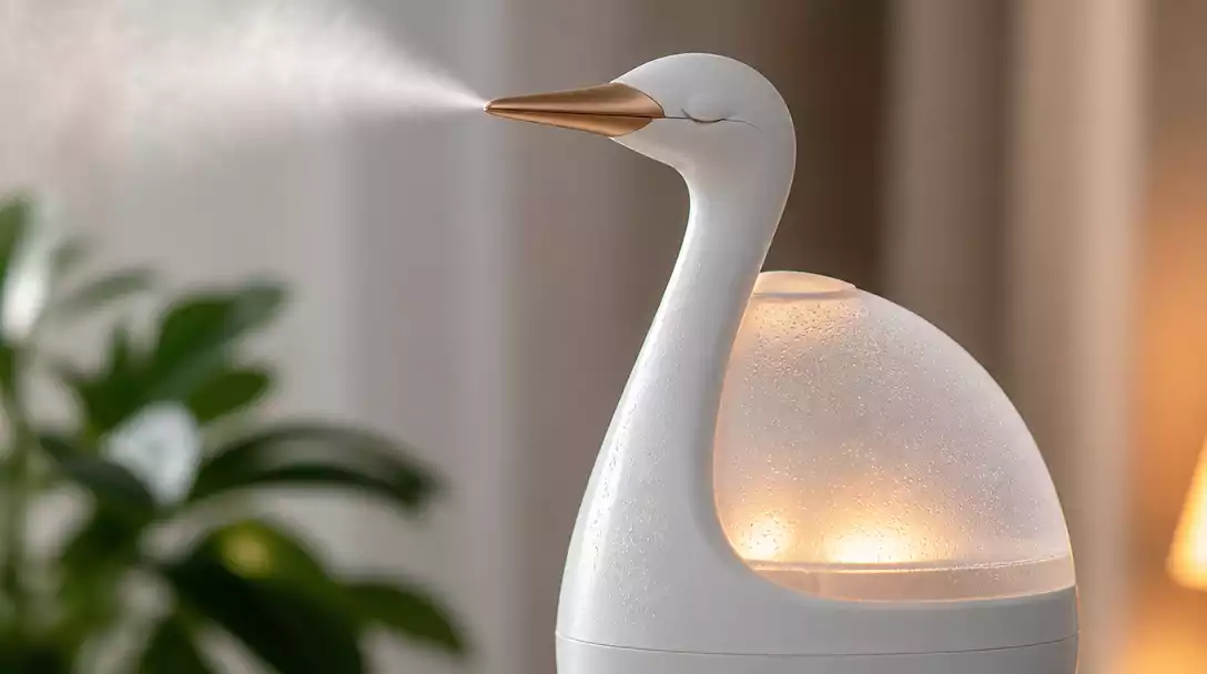 Close-up of a Crane humidifier producing a fine mist, with visible water droplets and a gentle glow, signifying effective operation, no text, no words, no typography, no labels, clean image