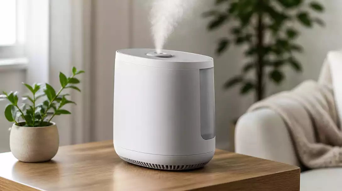 Modern Honeywell humidifier unit on a wooden table in a well-lit room, with a subtle mist rising, no text, no words, no typography, no labels, clean image