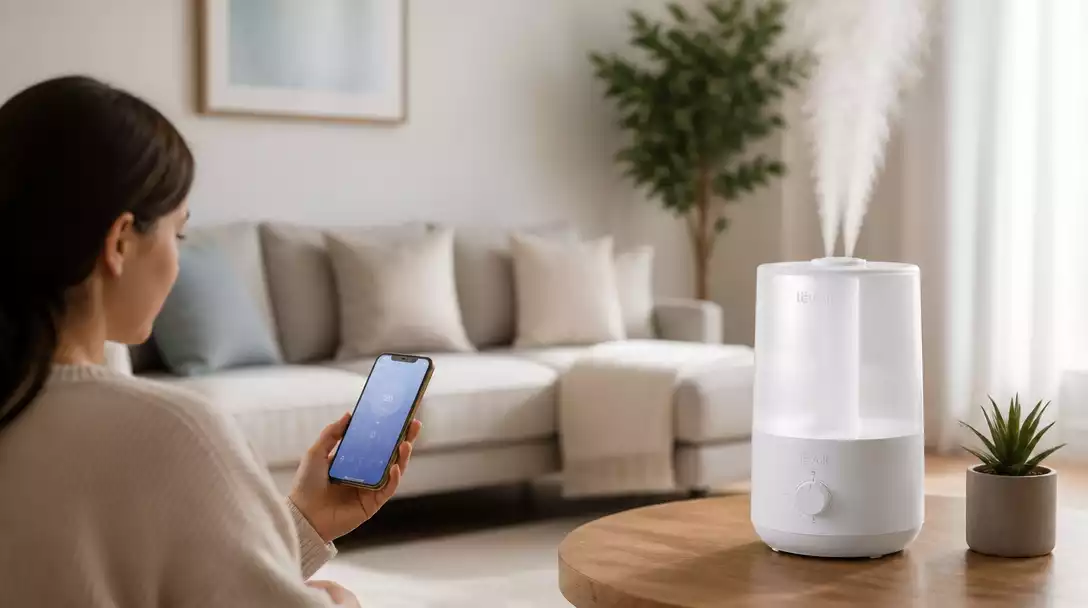 Person using a smartphone to control a Levoit humidifier in a modern living room