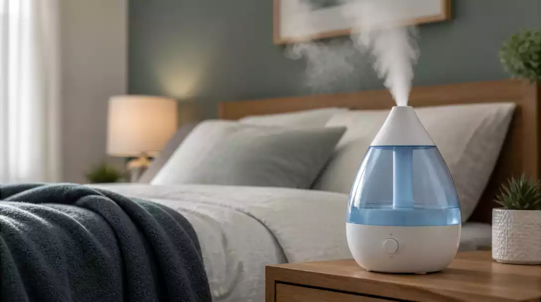Equate humidifier releasing cool mist in a bedroom setting, with soft lighting