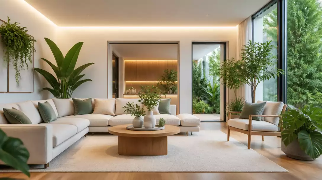 Modern home interior with balanced humidity, showing comfortable living space and healthy plants, no text, no words, no typography, no labels, clean image