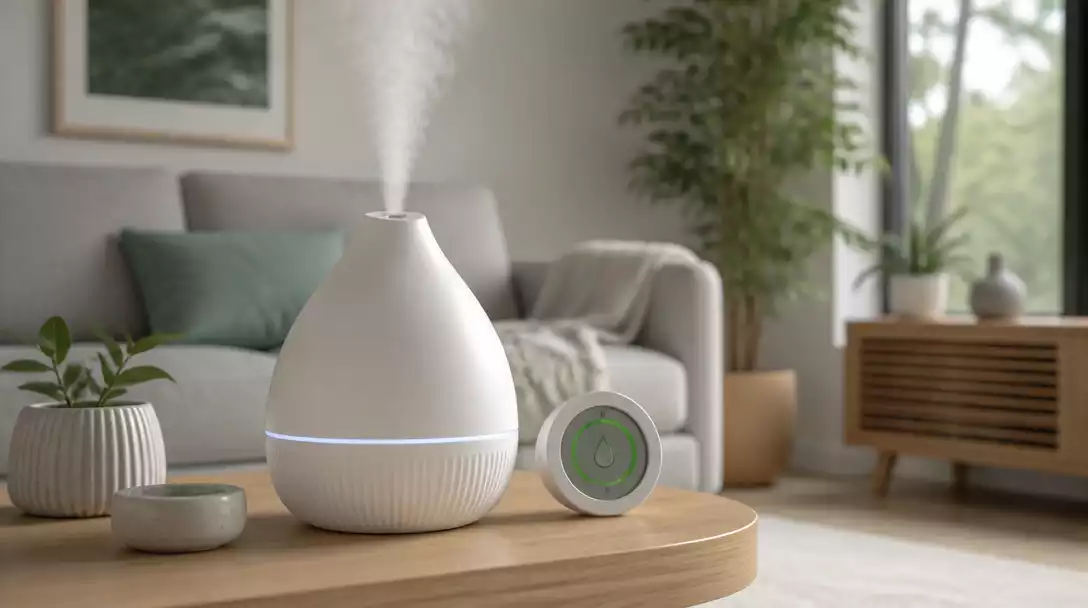 Hiswelle humidifier operating in a modern living room, emitting a fine mist, with a hygrometer nearby showing optimal humidity levels