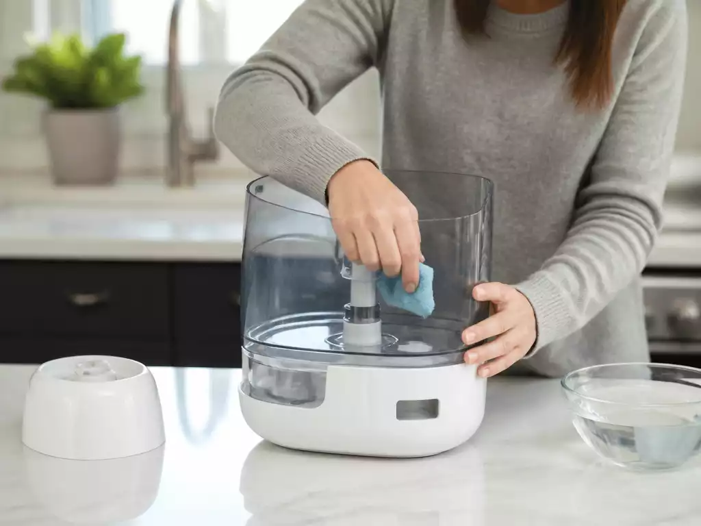 Person cleaning a HoMedics humidifier to prevent mold and bacteria buildup