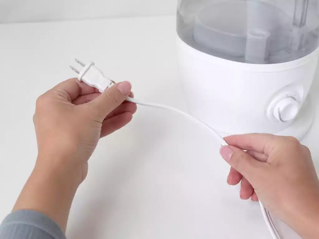 Person inspecting a HoMedics humidifier power cord for damage, clean background