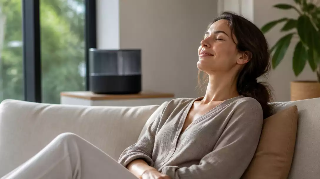 Person enjoying comfortable air in a home with a Canopy humidifier in the background