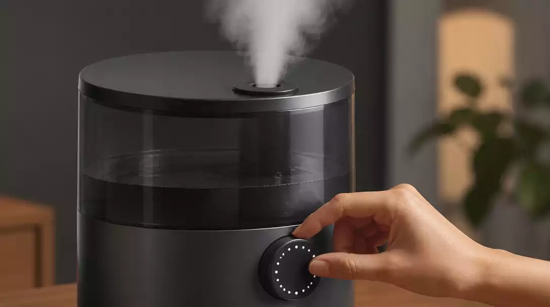 Close-up of a Dreo humidifier emitting a visible mist, with a hand adjusting a dial or touch control