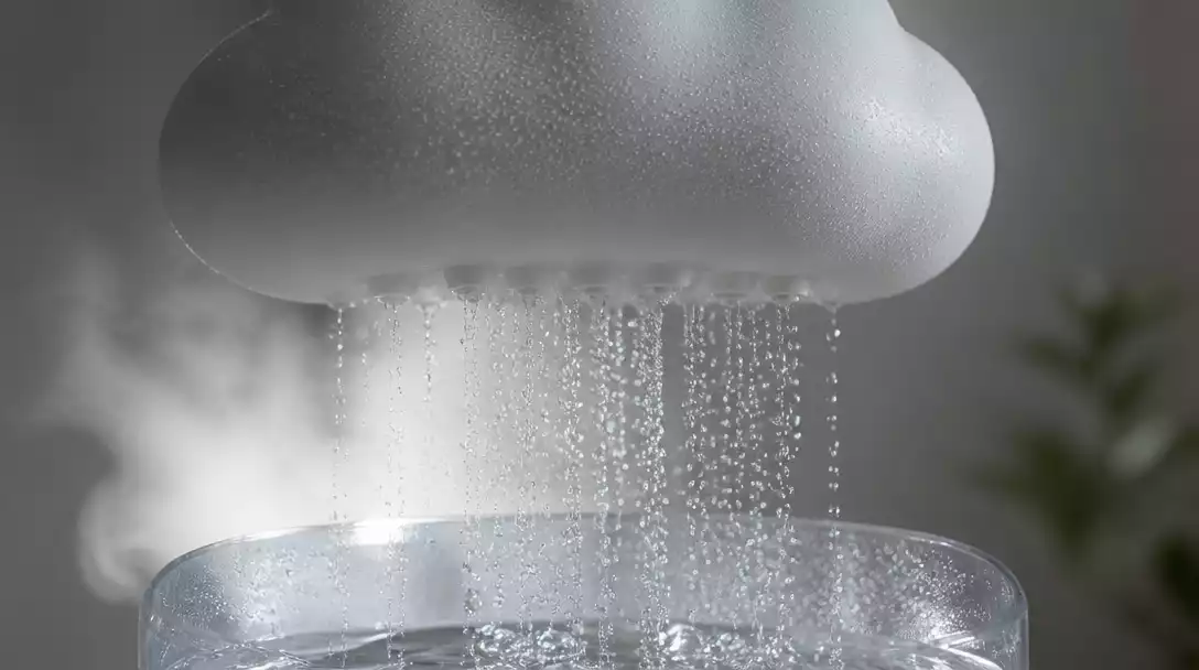 Rain Cloud humidifier producing mist and rain effect, close up, no text, no words, no typography, no labels, clean image