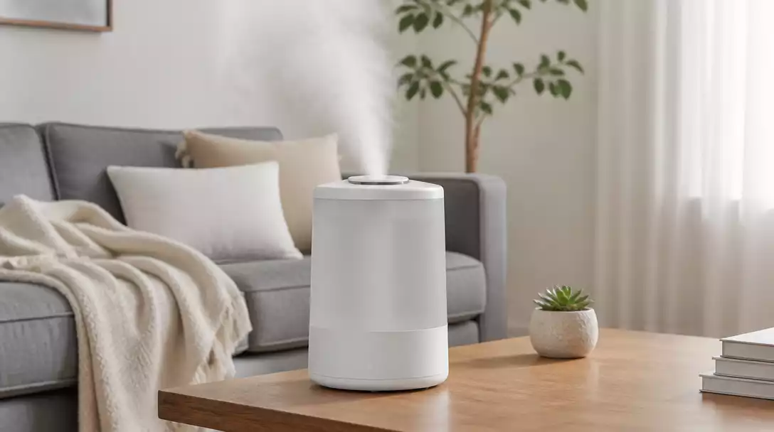 Levoit humidifier in a modern living room, diffusing a gentle mist