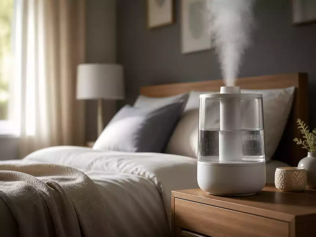 Modern HoMedics humidifier on a wooden nightstand, with a comfortable bedroom in the background, soft lighting