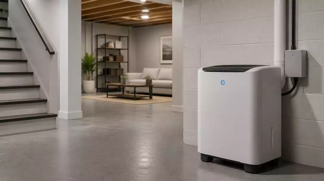 Modern Aprilaire dehumidifier in a well-maintained basement, efficiently removing moisture, with a visible digital display showing optimal humidity levels, no text, no words, no typography, no labels, clean image