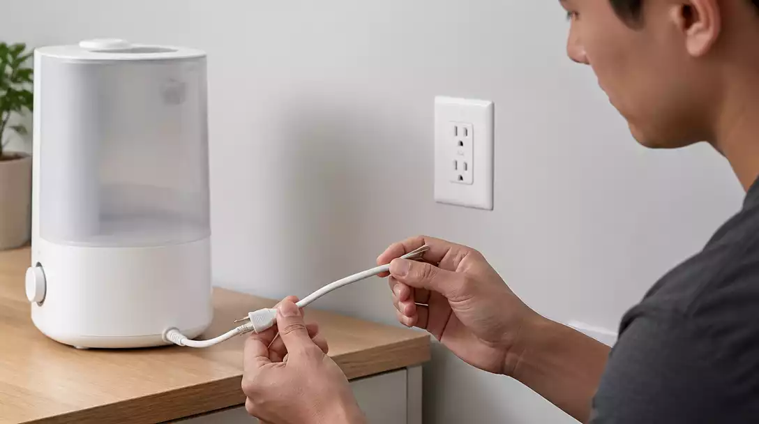 Person inspecting a Levoit humidifier's power cord for damage, with a power outlet in the background