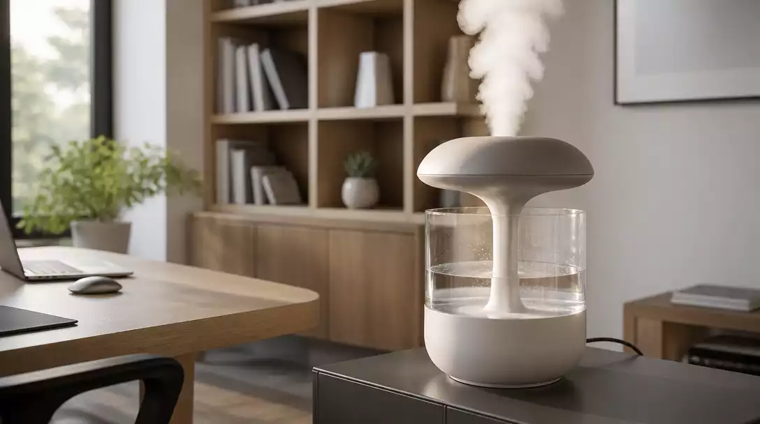 Modern canopy humidifier operating in a serene home office with soft natural light